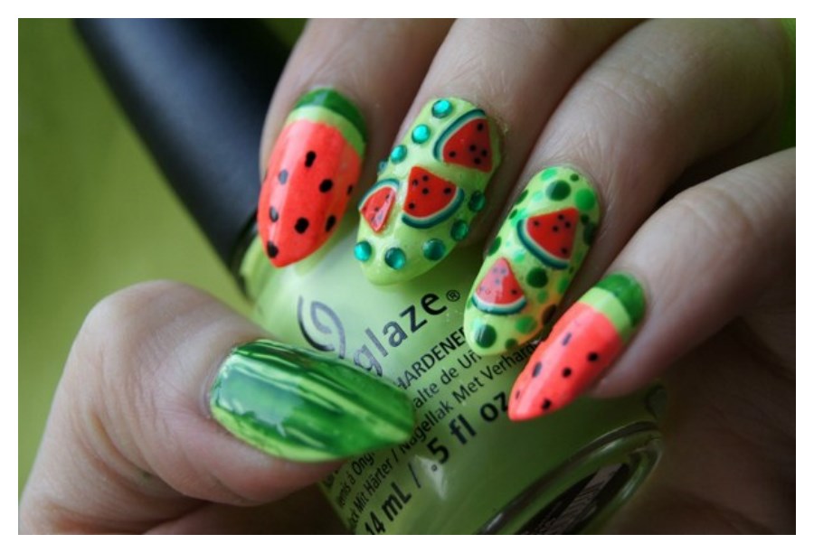 Green Red Water melon Nail ideas for Brides