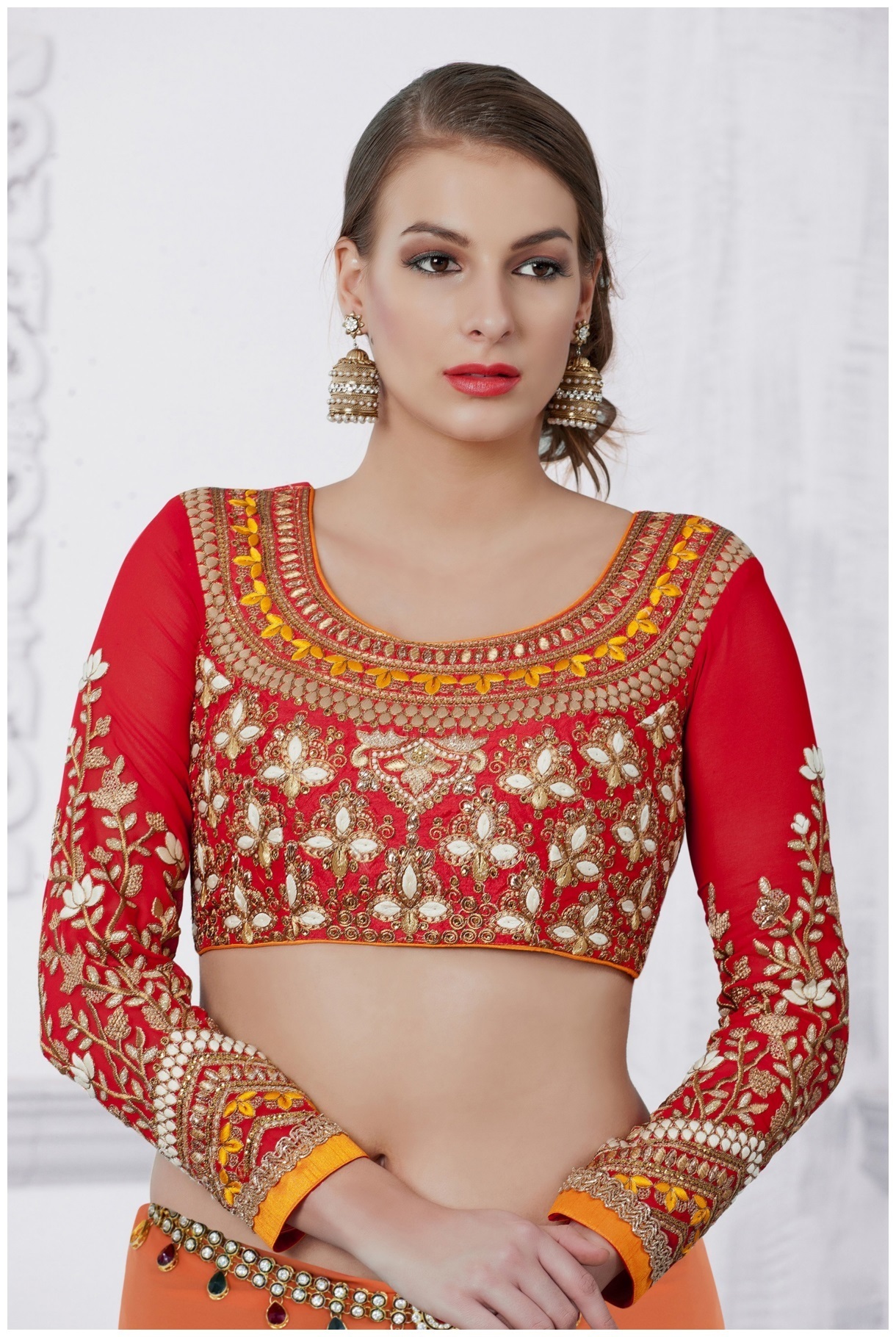 Reddish Blouse Neck Designs With Patch Work