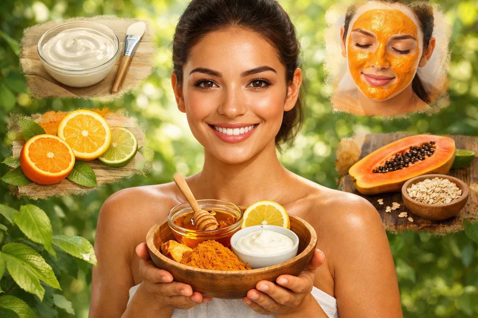 Woman with glowing skin using natural skincare ingredients